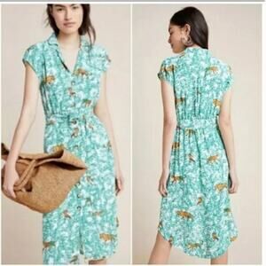 Maeve by Anthropologie Green Tiger Print Button Front Shirt Dress Size 2